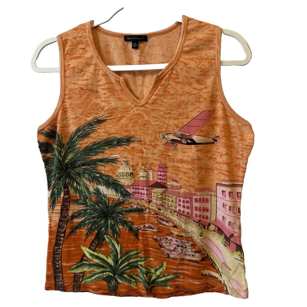 Y2k By Design L Art to Wear Beaded Tank Fitted Orange Tank Top Travel Beach Boho
